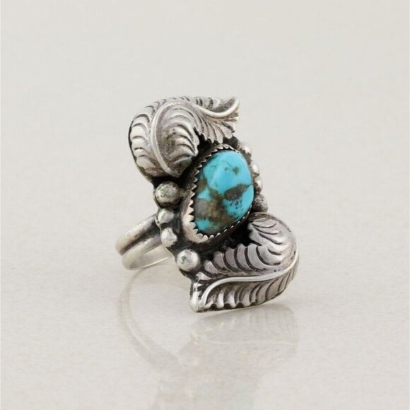 Sterling Silver Vintage Turquoise Leaf Ring Size 8 Long Finger Ring - Picture 3 of 6